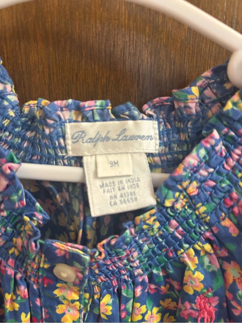 Ralph Lauren Blue Floral Smocked Shoulder Button-Front Top